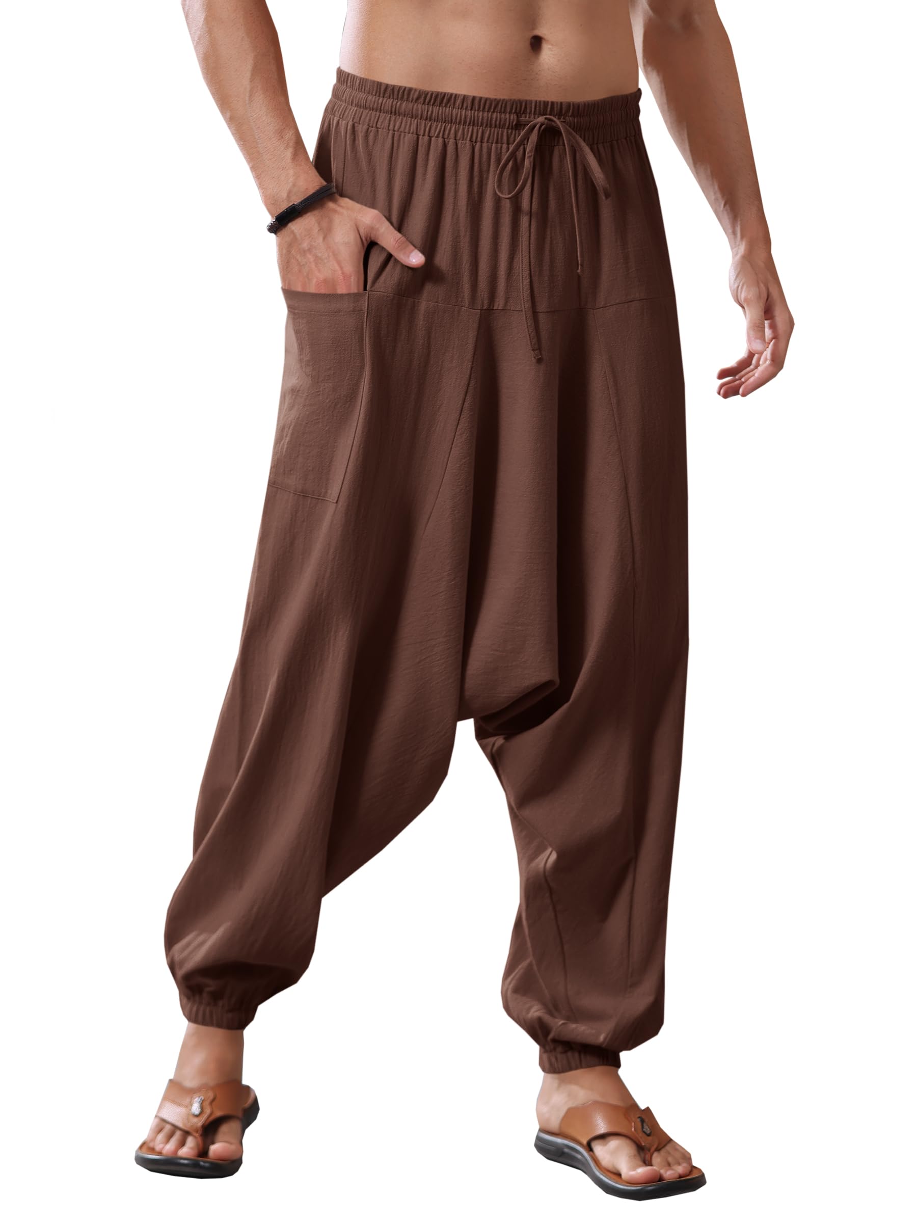 Runcati Mens Harem Pants Baggy Hippie Casual Cotton Linen Loose Boho Yoga Beach Drop Crotch Trouser