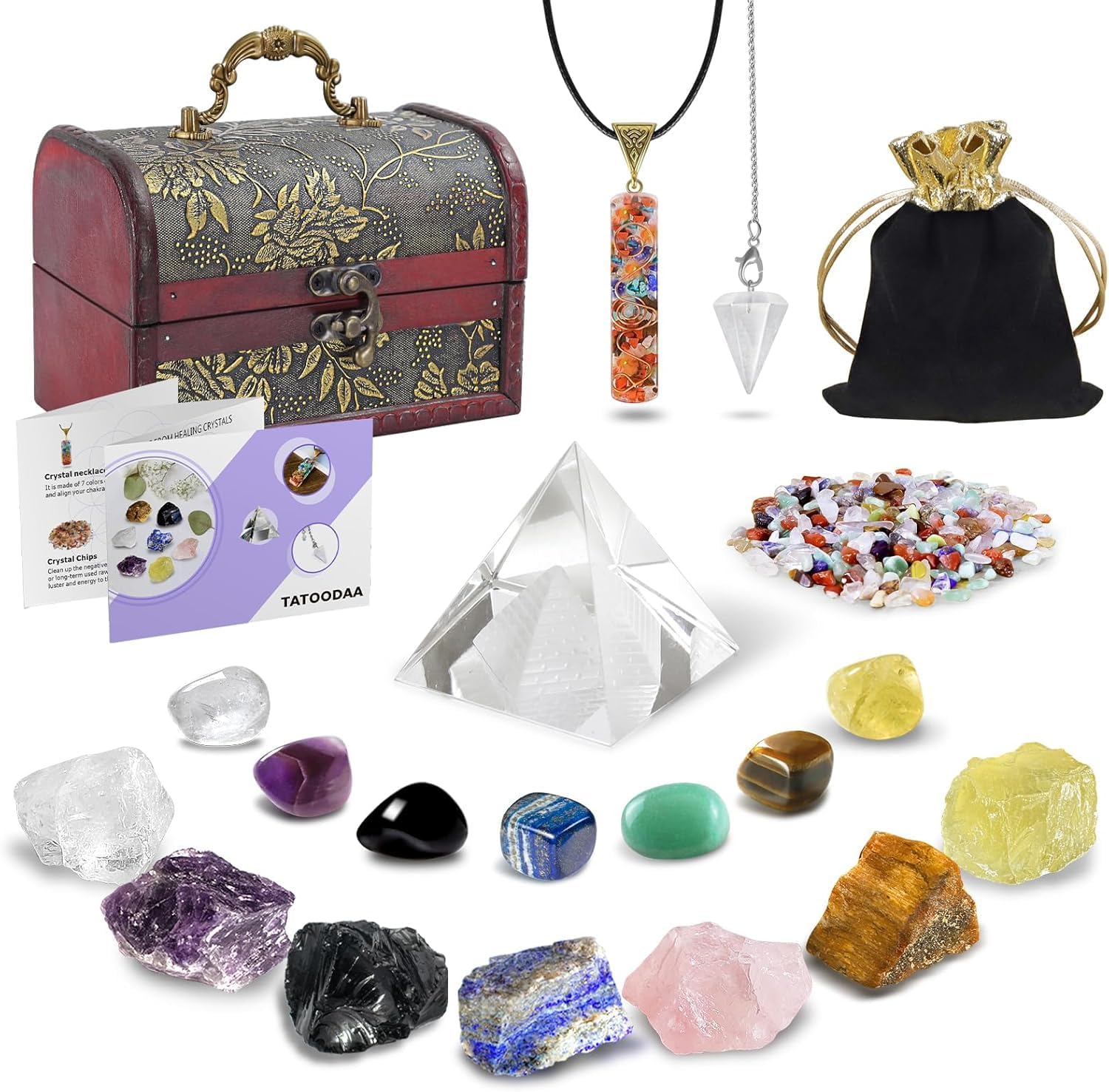 21 Stück Kristalle Steine Set,Kristall Heilsteine,Heilkristalle Edelsteine 7 Kristallen,7 Chakra-Stein und Pyramide mit Stoffbeutel für Meditation,Adventskalender,Reiki,Energieausgleich