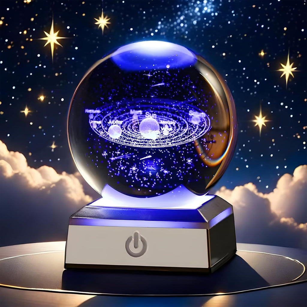 3D Sonnensystem Kristallkugel, 3D Planeten Kristallkugel, Kristallkugel Glaskugel mit 8 cm Led Bunte Nachtlicht Basis, Nachtlicht Dekolampe für Weihnachten Thanksgiving Valentinstag Geburtstag