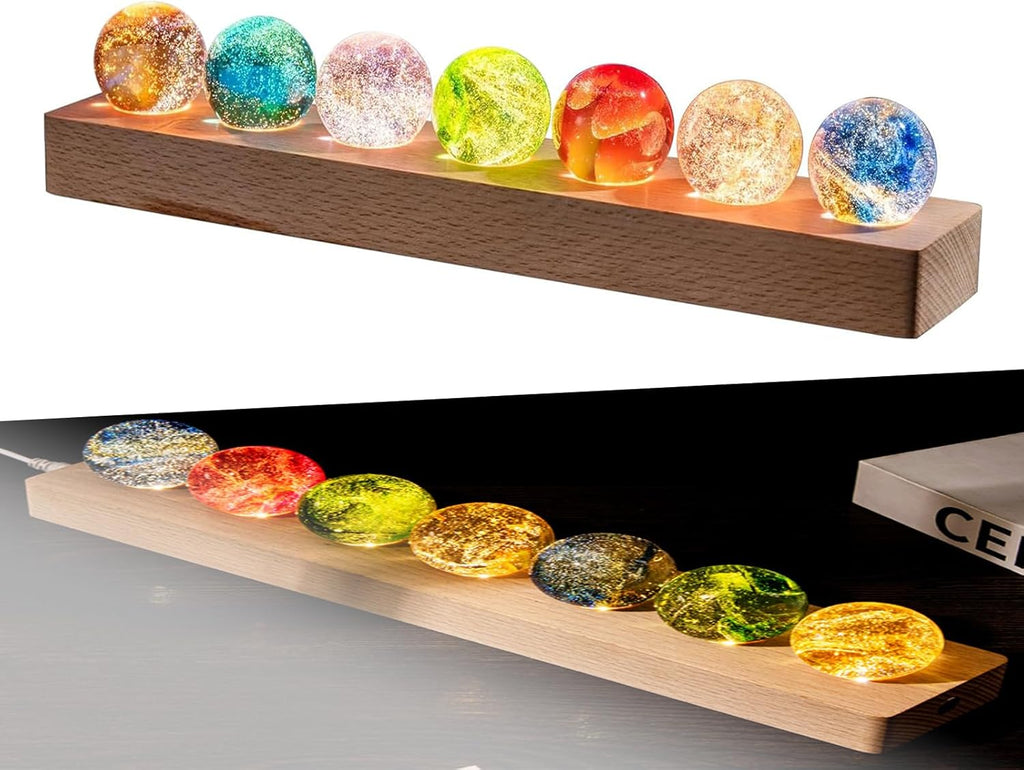 3D Kristallkugel Nachtlicht, Fantastische Sternkugel Nachtlicht, bunte Mini-Glas-Heilkugeln mit Holzsockel, Eisrissige Kristallkugel in 7 Farben, Fotografie Kugel Geschenk für Zuhause, Wohnzimmer (A)