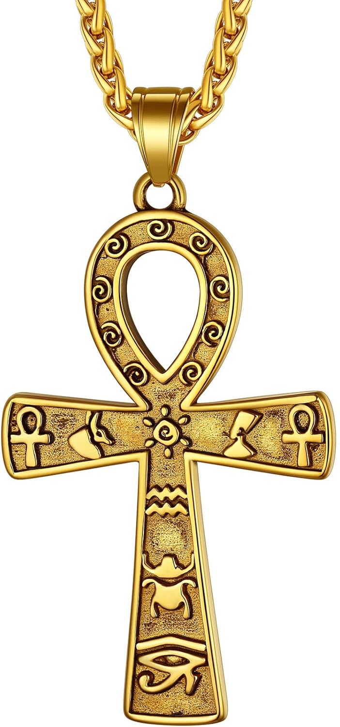 Richsteel Edelstahl Ägyptische Kreuzkette für Herren Jungen Religiöser Amulett Horusauge Kette Ankh Schmuck für Geburtstag Vatertag