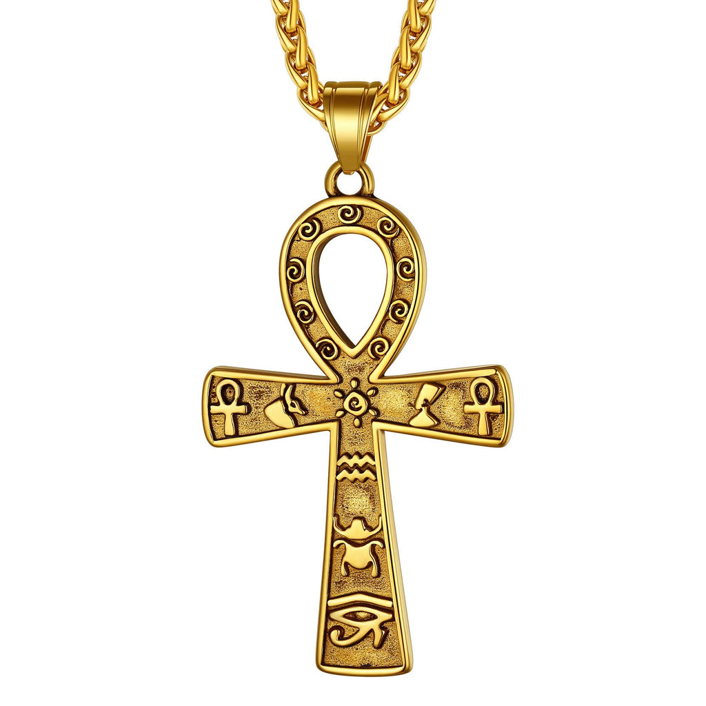 Richsteel Edelstahl Ägyptische Kreuzkette für Herren Jungen Religiöser Amulett Horusauge Kette Ankh Schmuck für Geburtstag Vatertag