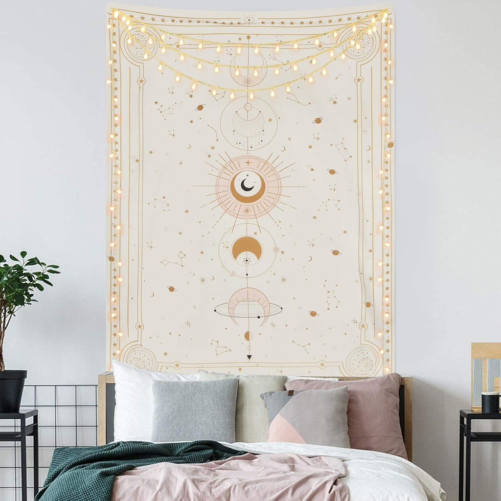 Yugarlibi Mondphasen Wandteppich Mysteriöser Konstellation Sternenhimmel Tarotkarten Wandbehang Ästhetische Retro Astrologie Wandkunst für Schlafzimmer Wohnzimmer Beige 150x130cm