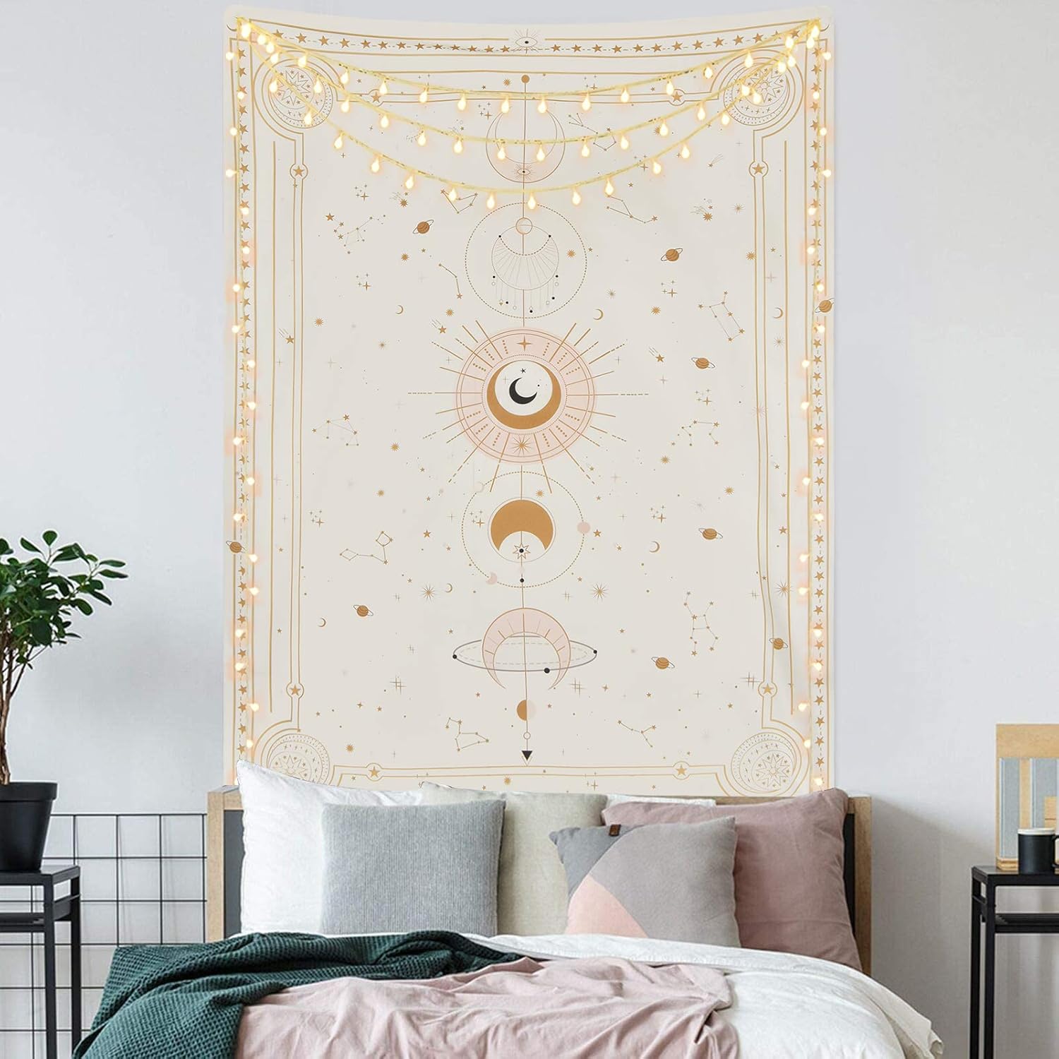 Yugarlibi Mondphasen Wandteppich Mysteriöser Konstellation Sternenhimmel Tarotkarten Wandbehang Ästhetische Retro Astrologie Wandkunst für Schlafzimmer Wohnzimmer Beige 150x130cm