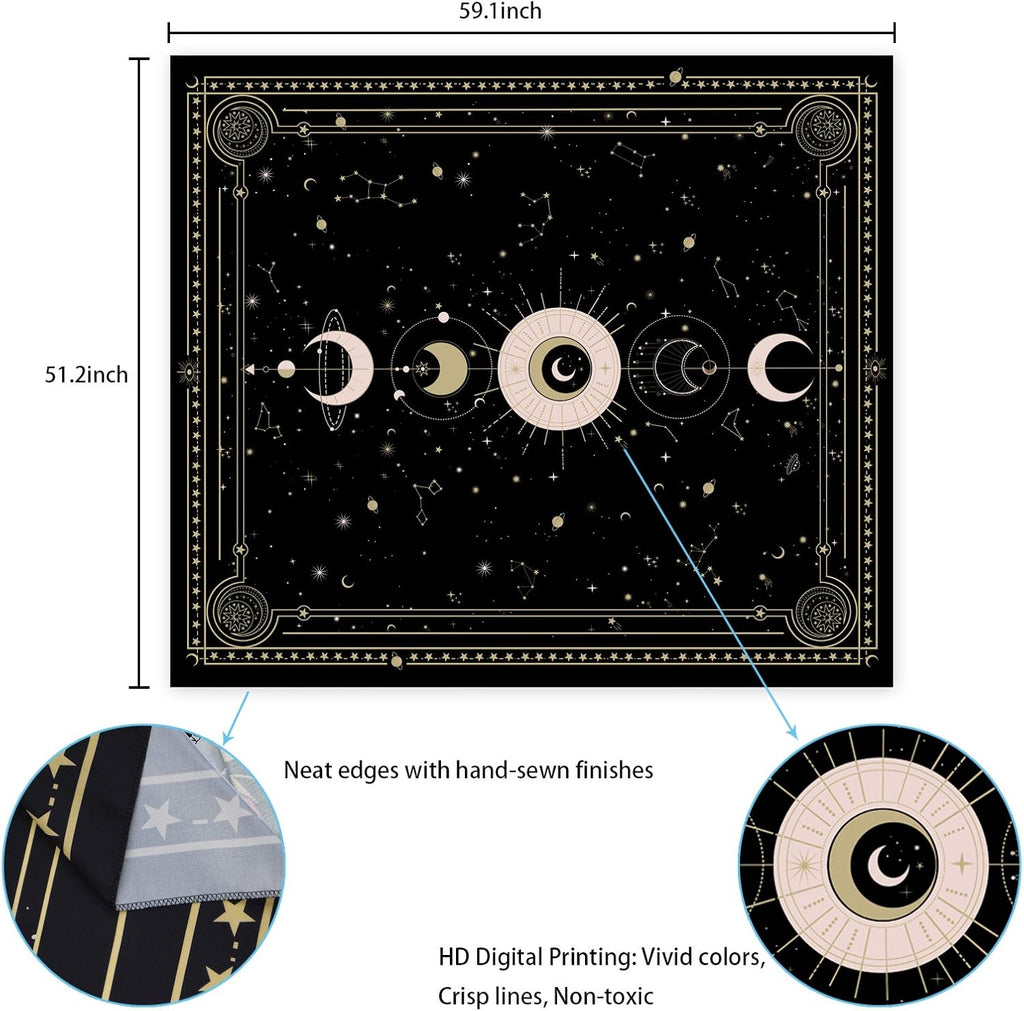 Yugarlibi Mondphasen Wandteppich Mysteriöser Konstellation Sternenhimmel Tarotkarten Wandbehang Ästhetische Retro Astrologie Wandkunst für Schlafzimmer Wohnzimmer Schwarz 150x130cm