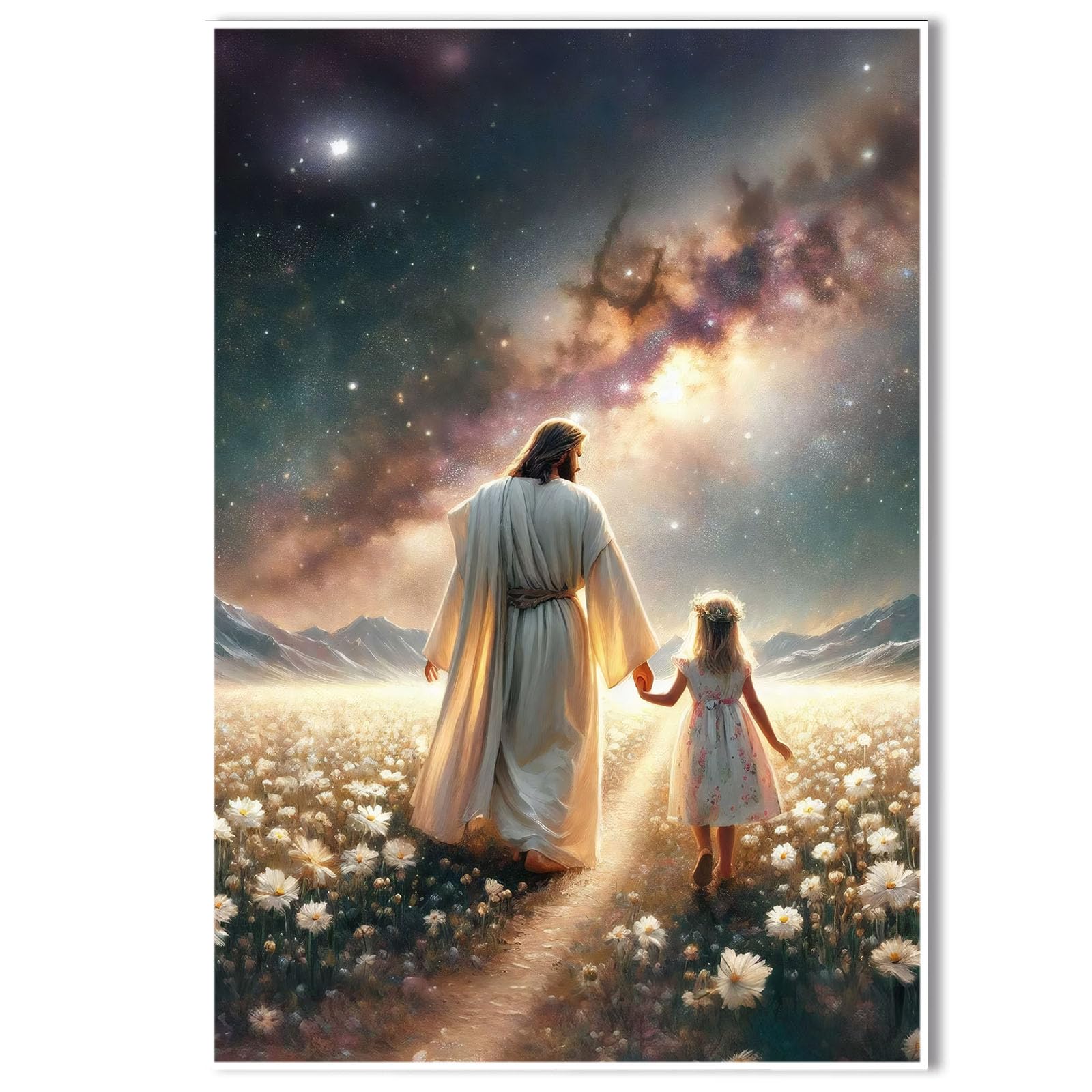 Jesus canvas painting spiritual artwork featuring a girl in a flowing white robe happily playing in a warm field of golden daisies. Adds a vibrant atmosphere to your home's sacred wall decor