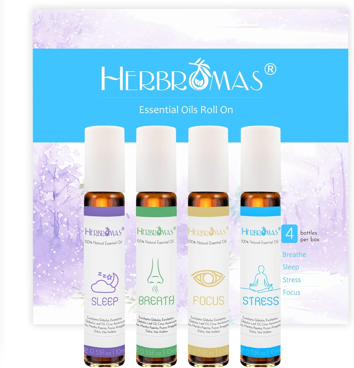 Roll-On-Sets mit ätherischen Ölen für die Aromatherapie, Roll-on-Set mit natürlicher, vorverdünnter ätherischer Ölmischung, für Frauen zur Hautpflege und für den Heimgebrauch, Packung mit 4 x 10 ml