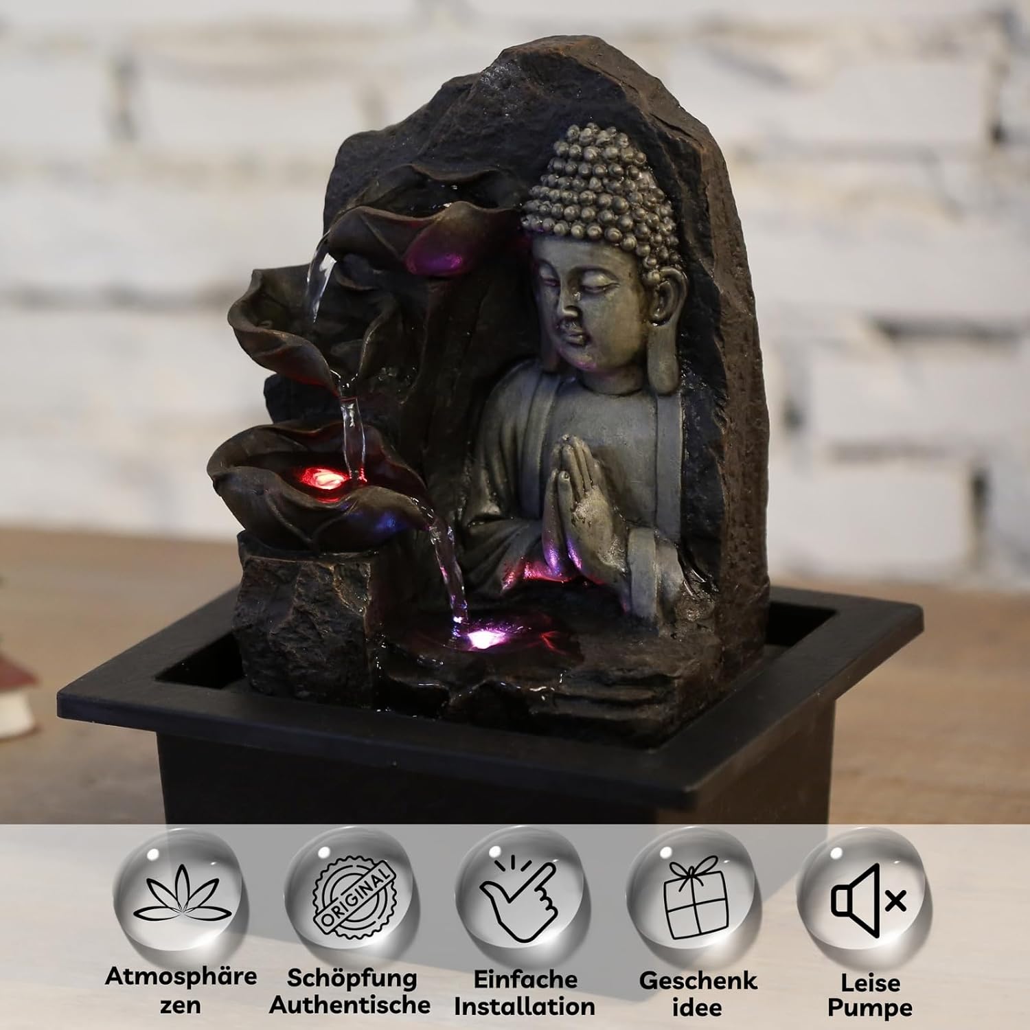Zen'Light Spirituality Buddha Fountain, Polyresin, Dark Brown, 21 x 21 x 26 cm