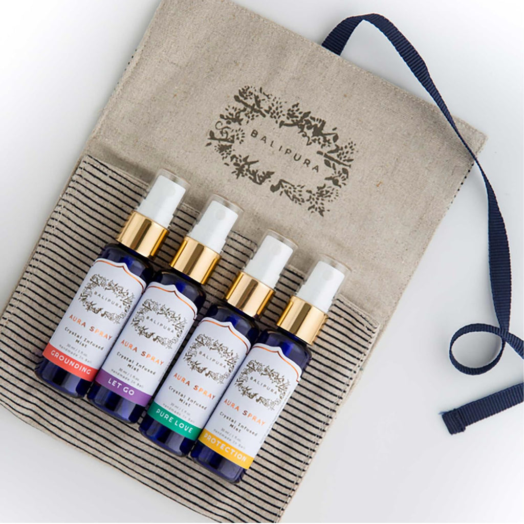 BALIPURA - Aura Healing Spray Mist - Enriched with Healing Crystals and Organic Essential Oils - Gift Set with Canvas Bag 4 x 30ml