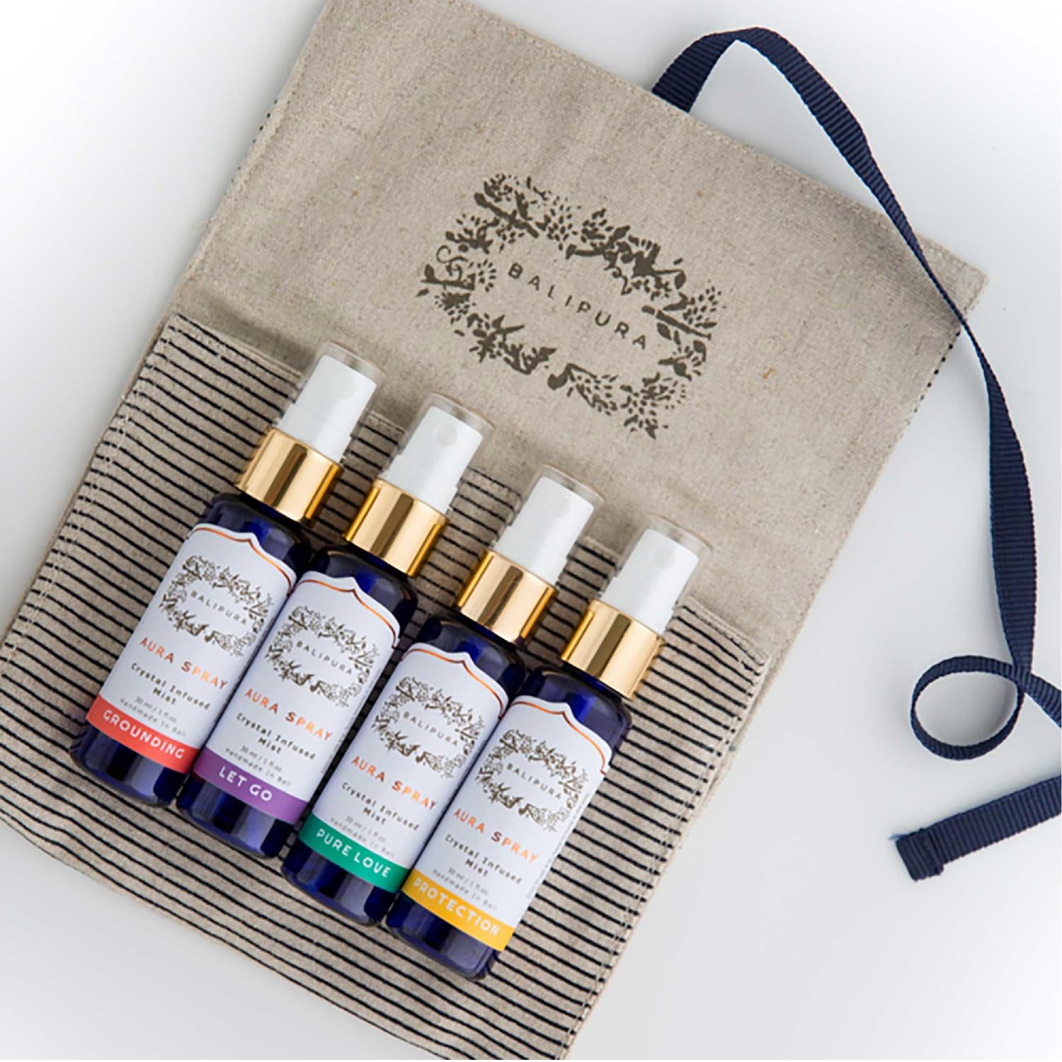 BALIPURA - Aura Healing Spray Mist - Enriched with Healing Crystals and Organic Essential Oils - Gift Set with Canvas Bag 4 x 30ml
