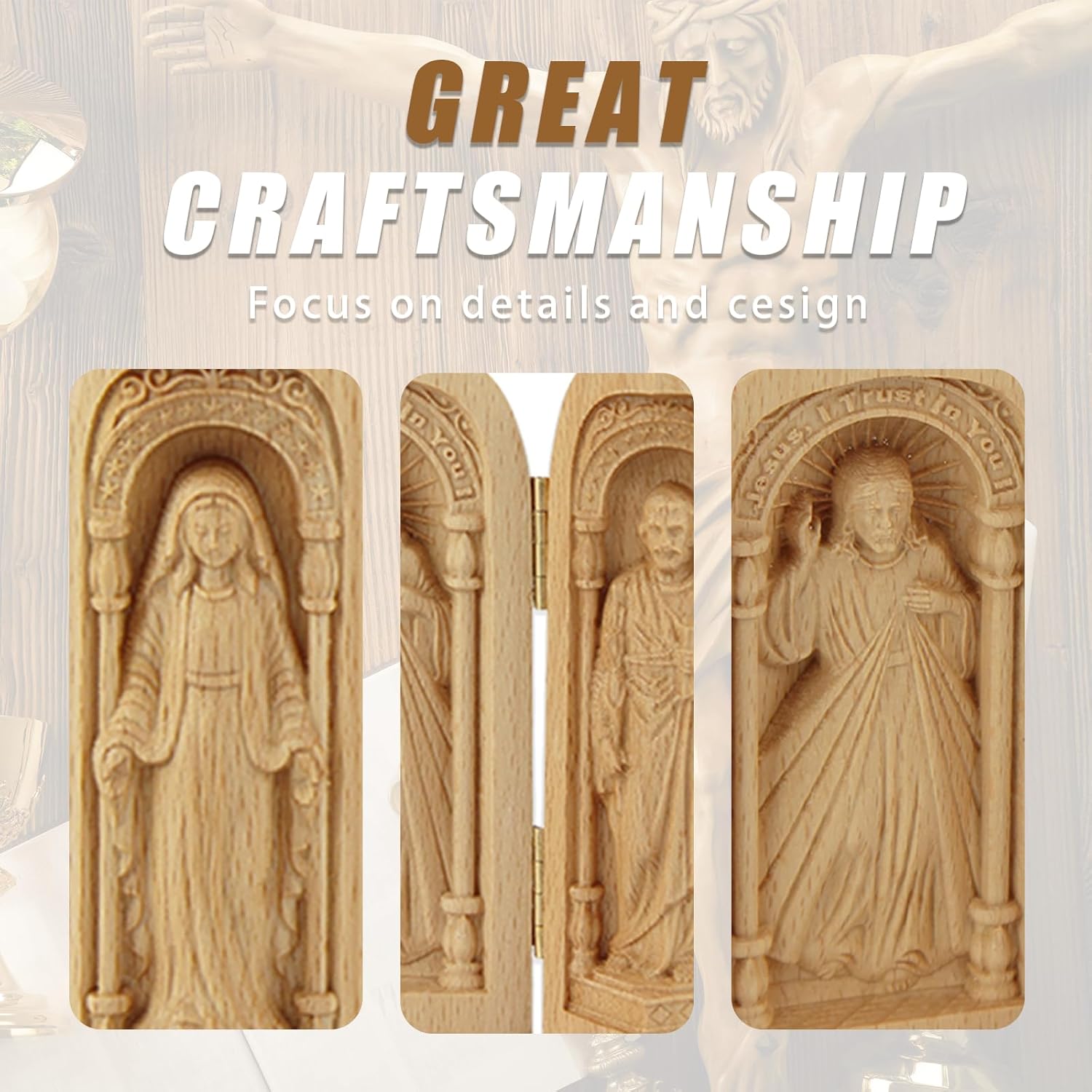 Small Travel Altar Wooden Portable Church Jesus Mother of God and Joseph Triptych Statue Religious Gifts