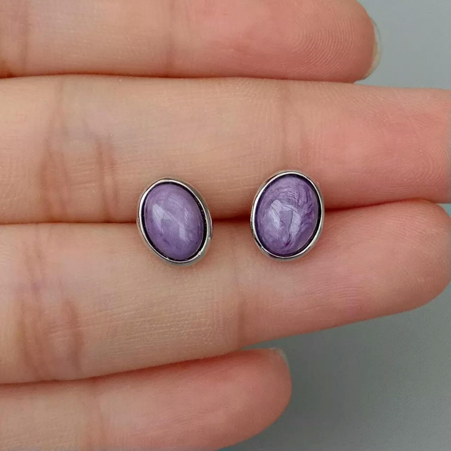 Natural Purple Charoite Earrings Oval Shape Bezel Set Stud Earrings 925 Silver