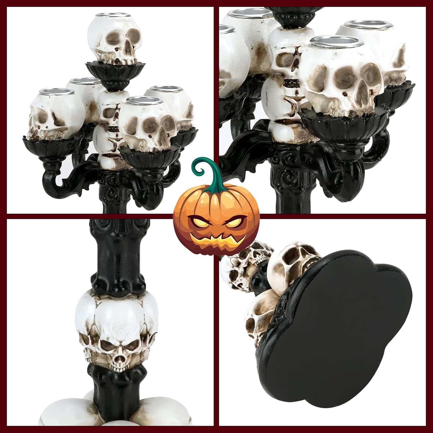 Candle Holder Black Gothic Decoration, Halloween Statue Skull Decorative Candle Holder Taper Candles with 5 Arms, Skull Lamp Resin Ornaments, Vintage Table Decoration for Home Living Room (5 Arms)