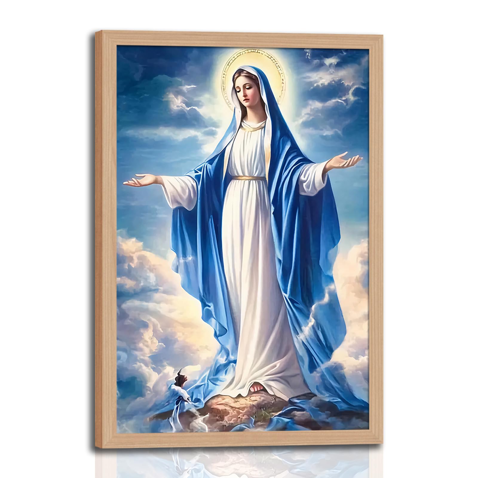 Framed Virgin Mary Wall Art Religious Christian Canvas Painting Blue Mother Surrounded by Clouds Spiritual Poster Print Picture for Living Room Prayer Room or Church 12x16in