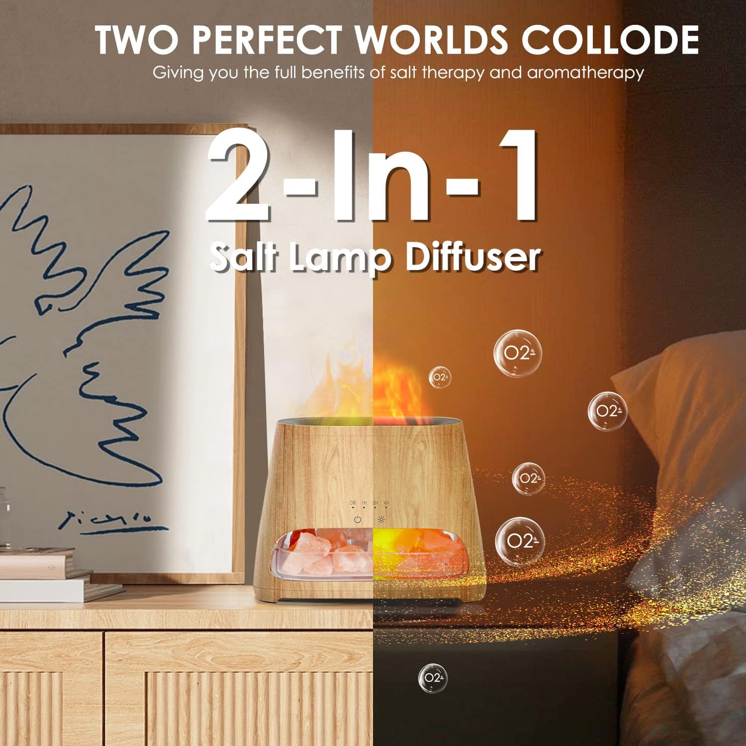 SALKING 2-in-1 Aroma Diffuser & Salt Range Pakistan Light, Flame Effect Diffuser for Essential Oils, Diffuser Cooler Mist Humidifier with 3 Brightness, 150 ml