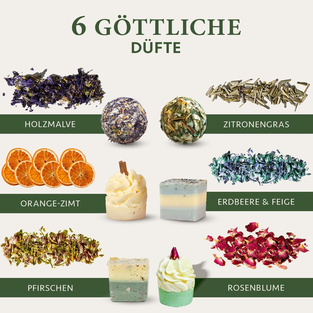 Satin Naturel 6er Set BIO Badebomben – Vegane Wellness Geschenkbox für Sie – Luxuriöse Badekugeln – Geburtstagsgeschenk für Frauen