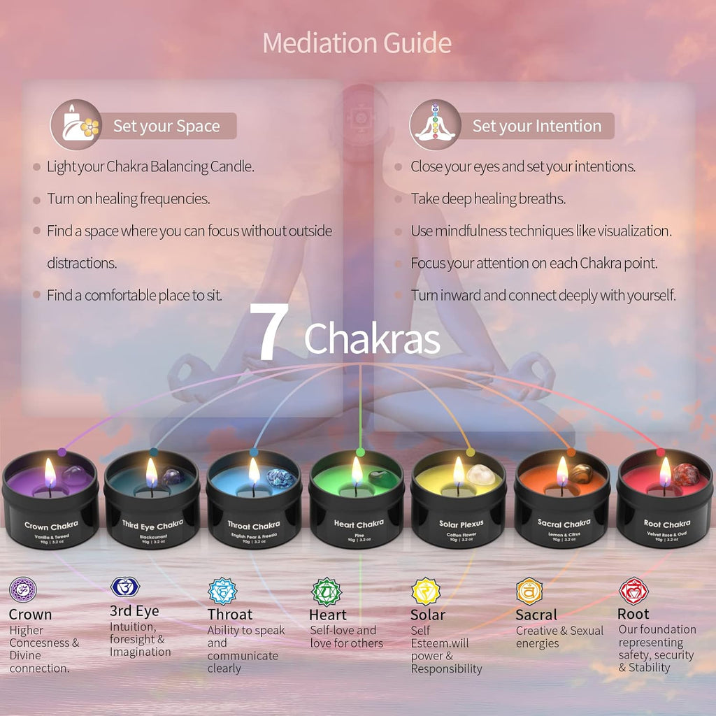 Inspireyes Chakra Kerze mit Premium-Kristall und Heilsteinen, Meditations-Duftkerzen, Geschenkset für Frauen, Stressabbau, spirituelle Dekoration, Yoga, Aromatherapie, 7er-Set, Schwarz