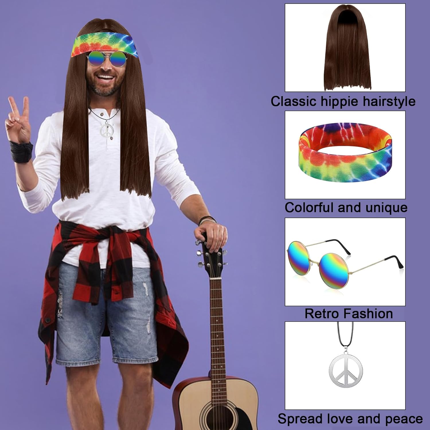 Hippie Costume Flower Power Hippy Clothing Women Men 60s 70s 80s Accessories Set for Carnival Theme Party Halloween Fancy Dress Cosplay Theme Party