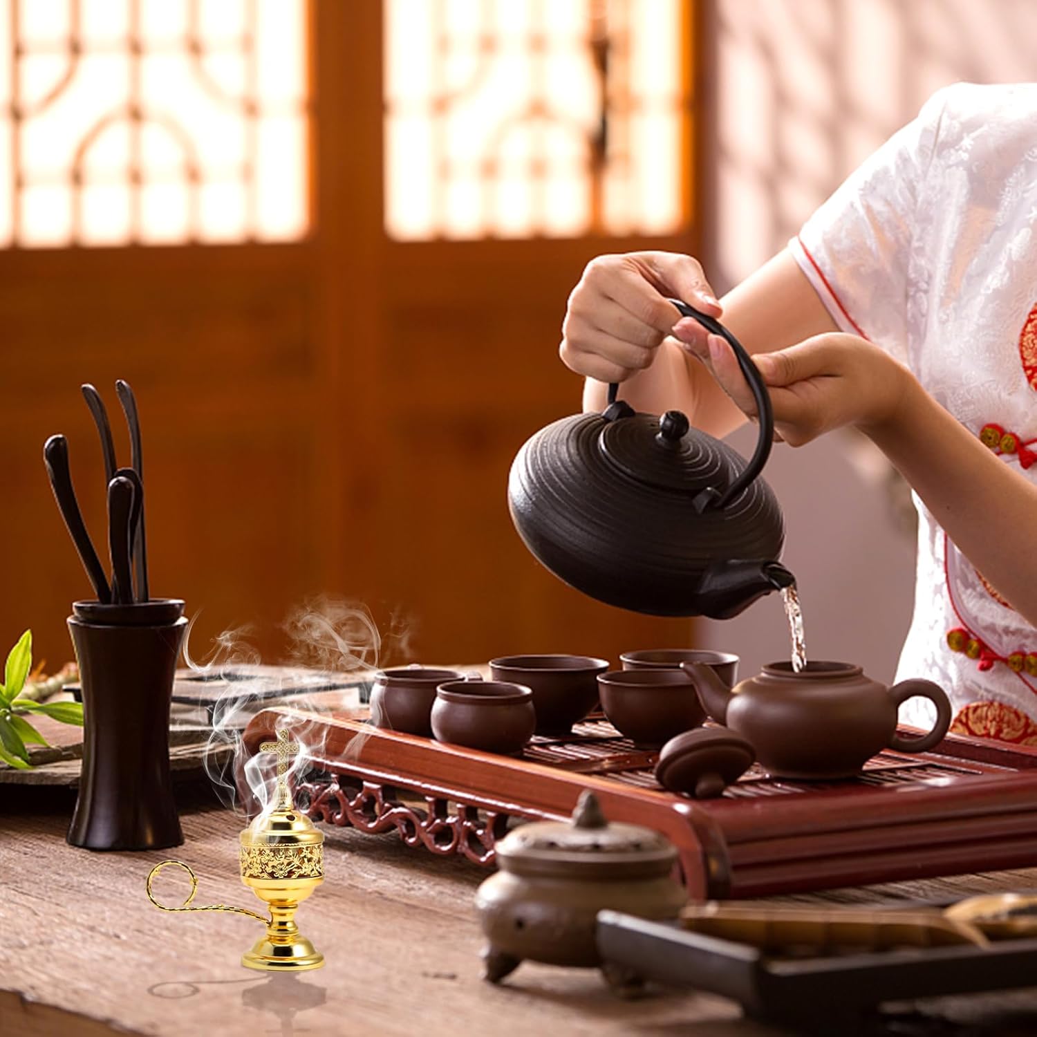Yawlsow Räuchergefäß, Weihrauchkohle Räucherstäbchenständer, Bakhoor Räuchergefäß Halter, ideal für Aromatherapie, Yoga und Spa, Haus und christliche Kirche Räuchergefäß, (Gold), ATX0005-6