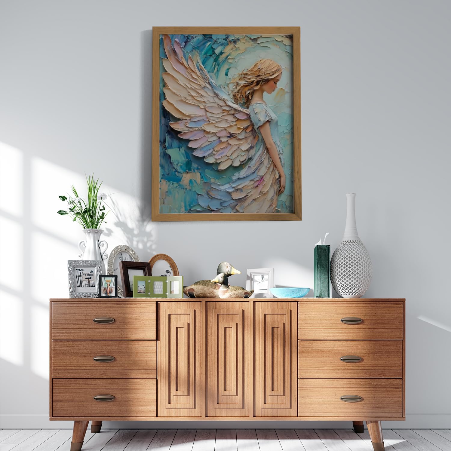 Praying Angel Wall Art – Spiritual Canvas Print, Colored Winged Angel Oil Painting Style Christian Religious Picture poster，Spiritual Blue and Pastel Tones Wall Decor for Bedroom, Prayer Room, Christian Gift, Wood Frame 12x16in