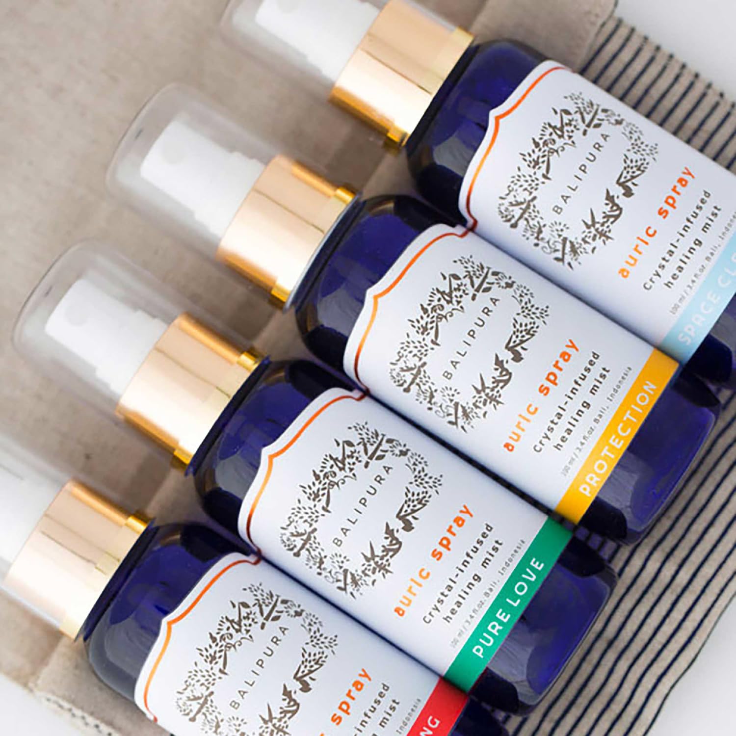 BALIPURA - Aura Healing Spray Mist - Enriched with Healing Crystals and Organic Essential Oils - Gift Set with Canvas Bag 4 x 30ml