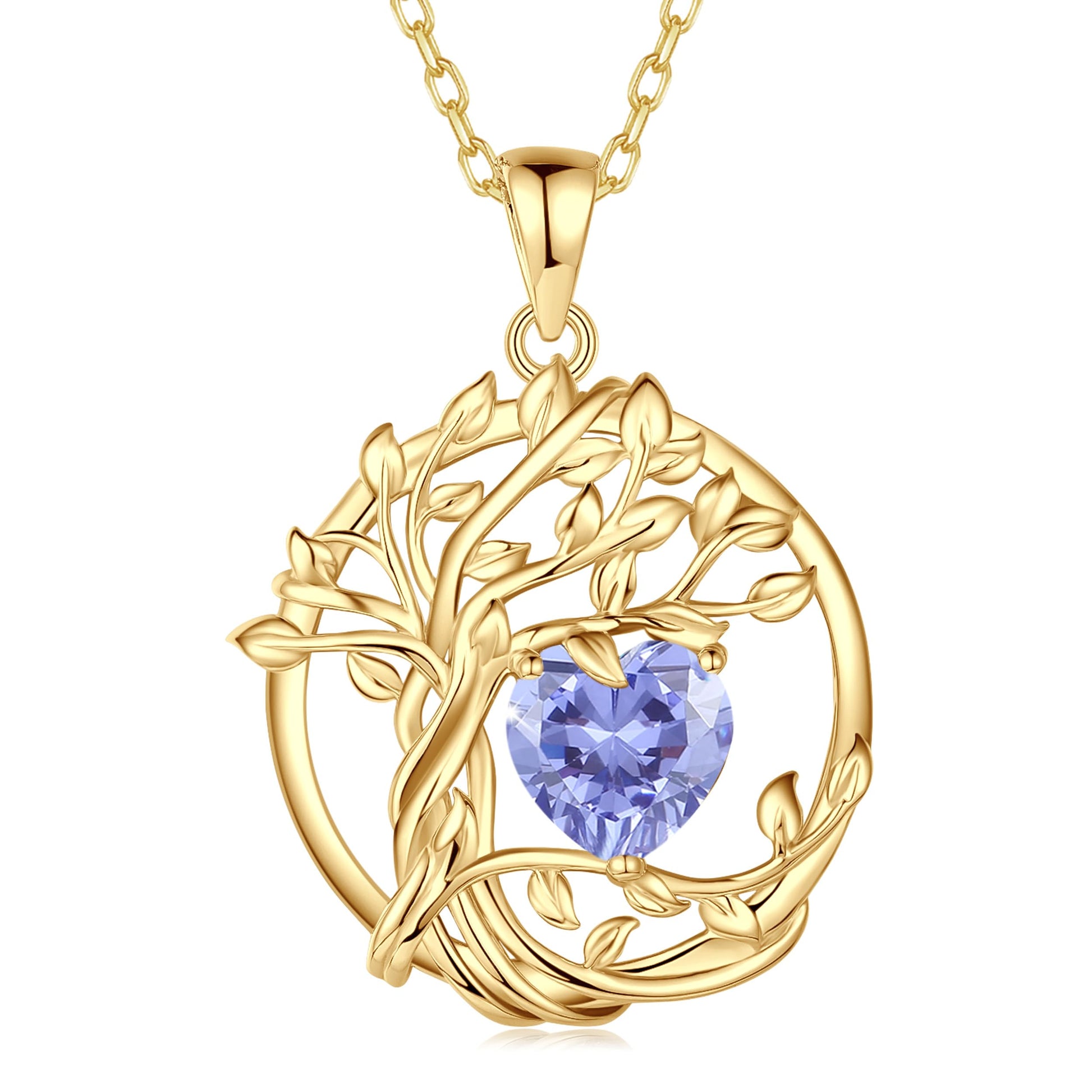 FANCIME Lebensbaum Geburtstein Kette für Damen Gelbgold Vergoldet Baum des Lebens Edelstein Anhänger Halskette Schmuck Geschenke für Damen Frauen Mädchen, Kettenlänge: 40+5 cm