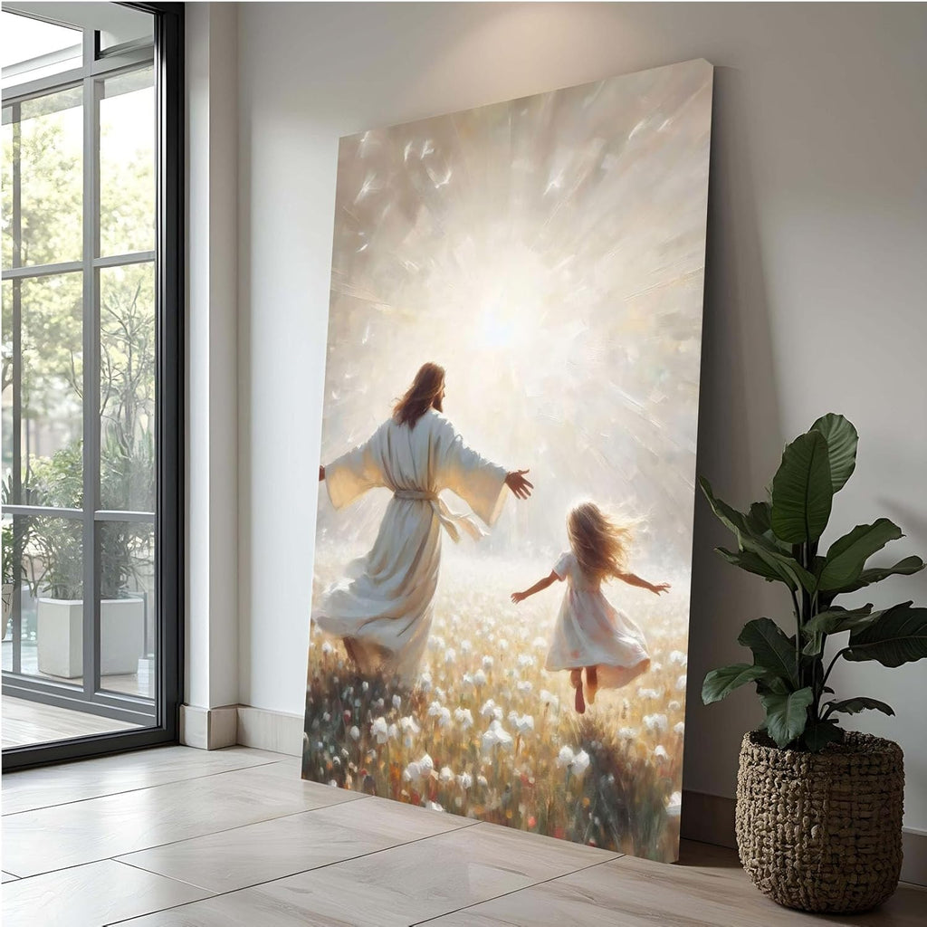 Jesus canvas painting spiritual artwork featuring a girl in a flowing white robe happily playing in a warm field of golden daisies. Adds a vibrant atmosphere to your home's sacred wall decor
