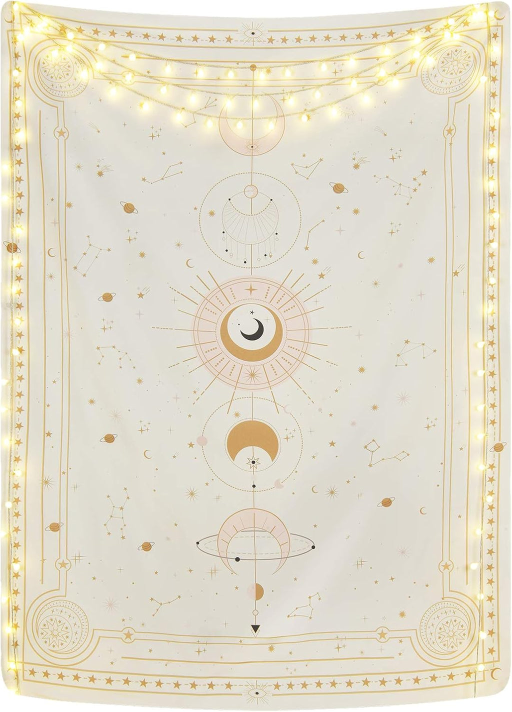 Yugarlibi Mondphasen Wandteppich Mysteriöser Konstellation Sternenhimmel Tarotkarten Wandbehang Ästhetische Retro Astrologie Wandkunst für Schlafzimmer Wohnzimmer Beige 150x130cm