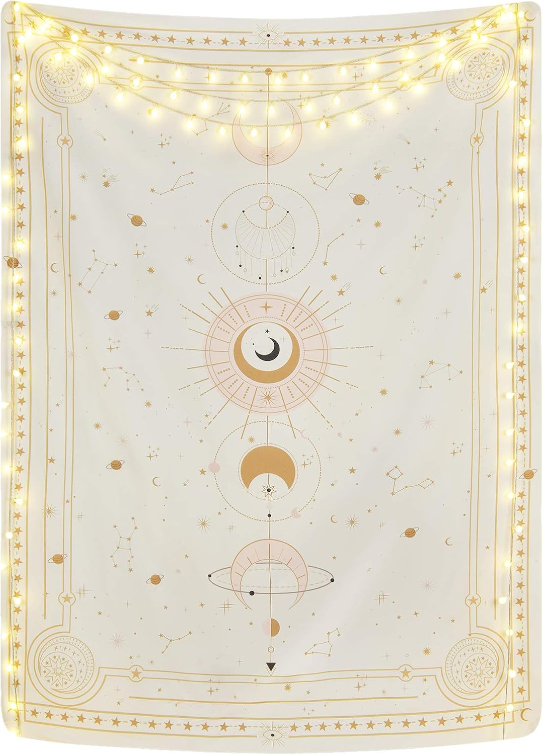 Yugarlibi Mondphasen Wandteppich Mysteriöser Konstellation Sternenhimmel Tarotkarten Wandbehang Ästhetische Retro Astrologie Wandkunst für Schlafzimmer Wohnzimmer Beige 150x130cm