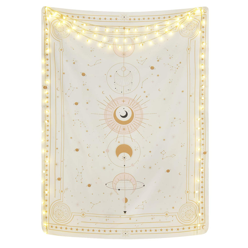 Yugarlibi Mondphasen Wandteppich Mysteriöser Konstellation Sternenhimmel Tarotkarten Wandbehang Ästhetische Retro Astrologie Wandkunst für Schlafzimmer Wohnzimmer Beige 150x130cm