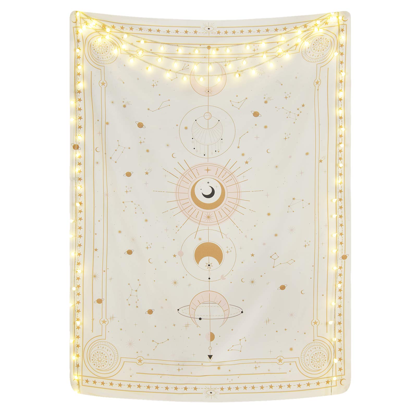 Yugarlibi Mondphasen Wandteppich Mysteriöser Konstellation Sternenhimmel Tarotkarten Wandbehang Ästhetische Retro Astrologie Wandkunst für Schlafzimmer Wohnzimmer Beige 150x130cm