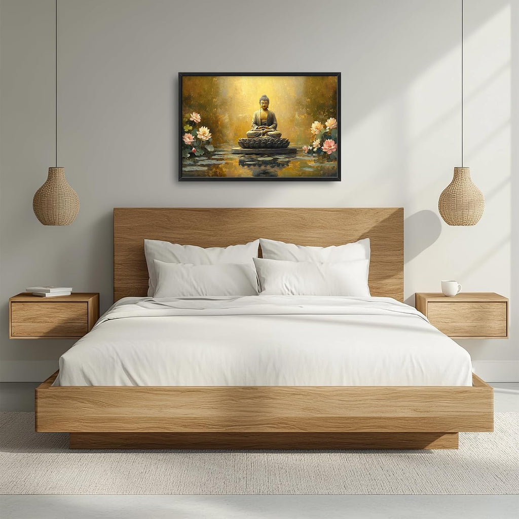 Buddha Lotus Large Wall Art Zen Meditation Wall Decor Spiritual Asian Calming Pictures Canvas Prints Peaceful Buddha Painting Framed Artwork for Yoga Bedroom Living Room Bathroom Home 36"x24"