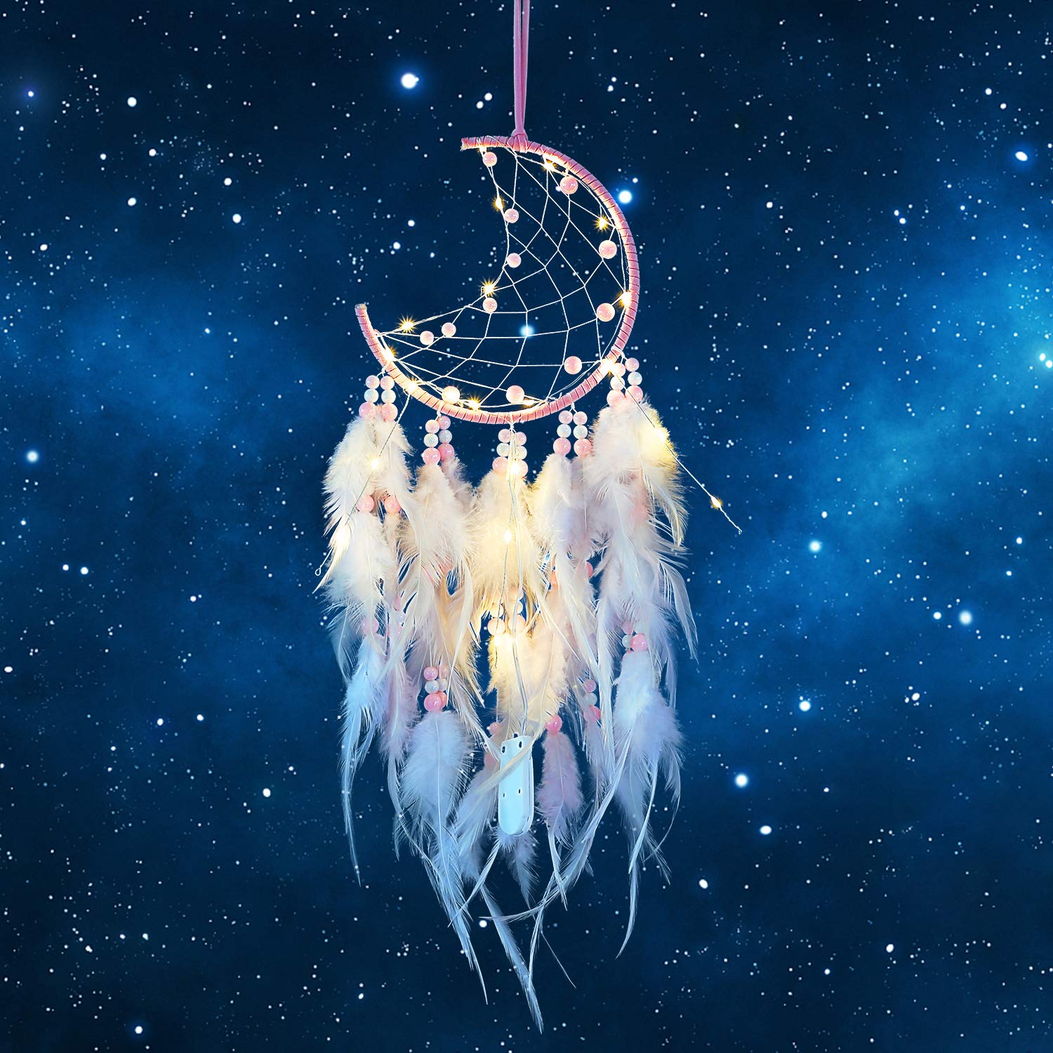 Hongyans Traumfänger mit LED Licht Handgefertigt Dreamcatcher mit Federn Böhmen Dekoration für Schlafzimmer Hochzeit Wandbehang Ornament Mädchen Kinder Geschenk