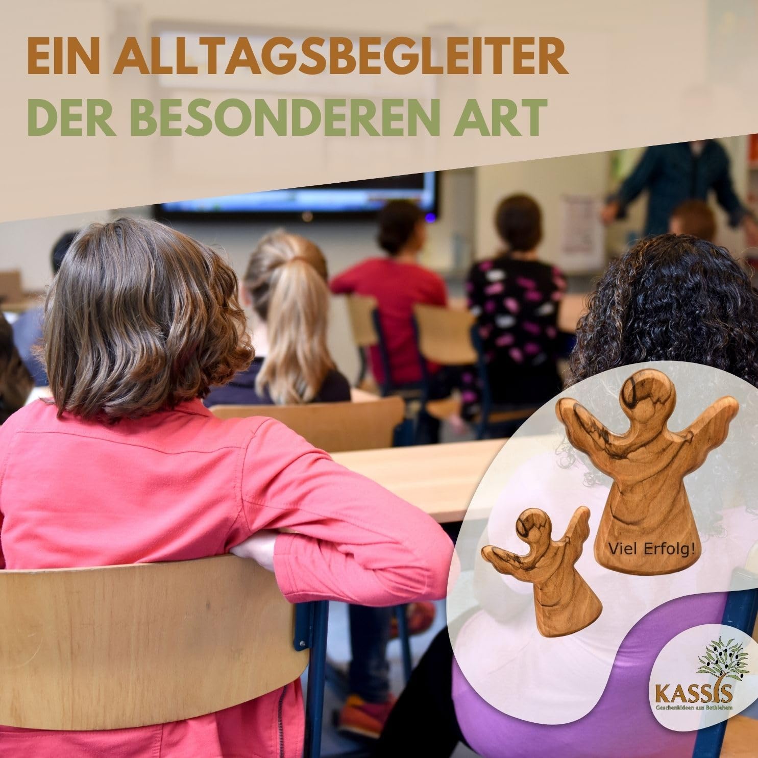 Kassis Geschenkartikel Olivenholz-Schutzengel - Handgefertigte Engel-Figur aus Bethlehem - Schutzengel-Glücksbringer - (ohne Gravur) - (1 Stück)