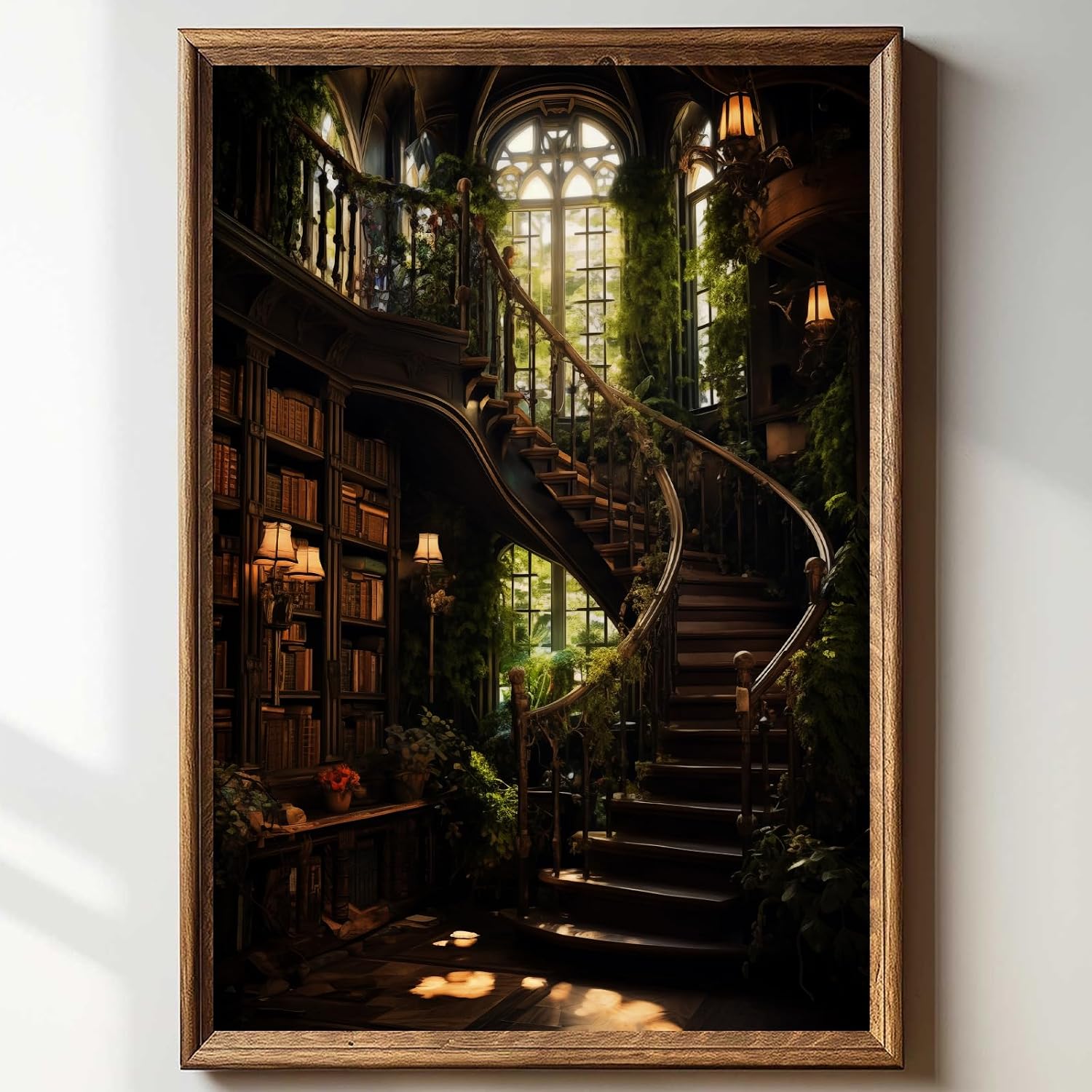 Dark Academia Library Wall Art Canvas Dark Cottagecore Painting Abandoned Wall Art Library Gothic Moody Botanical Picture Medieval Castle Poster Victorian Print Gothic Vintage Artwork 16x24in No Frame