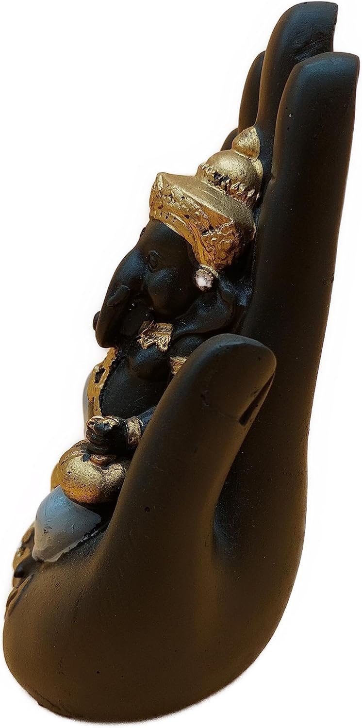 Hand Palm Glücksgott Ganesha Statue Marmor Harz schwarz Gold 17x9,5x6,5 cm | Dekoration Spiritualität Glück Harmonie