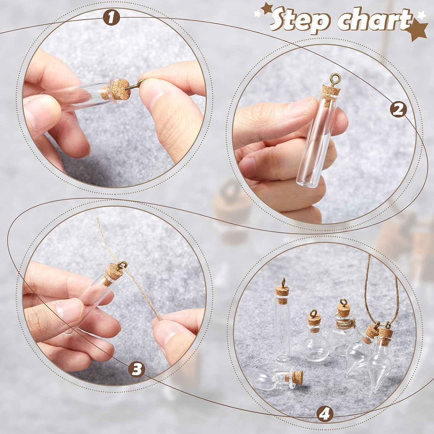 Geiserailie 50 Pcs Mini Glass Jars with Cork Stoppers,Style A,Transparent | With Eye Screws Funnel Jute Twine, 4 Shapes for Spell Jars Wishing Bottles Witchcraft DIY Crafts Party Decor Jewelry Making