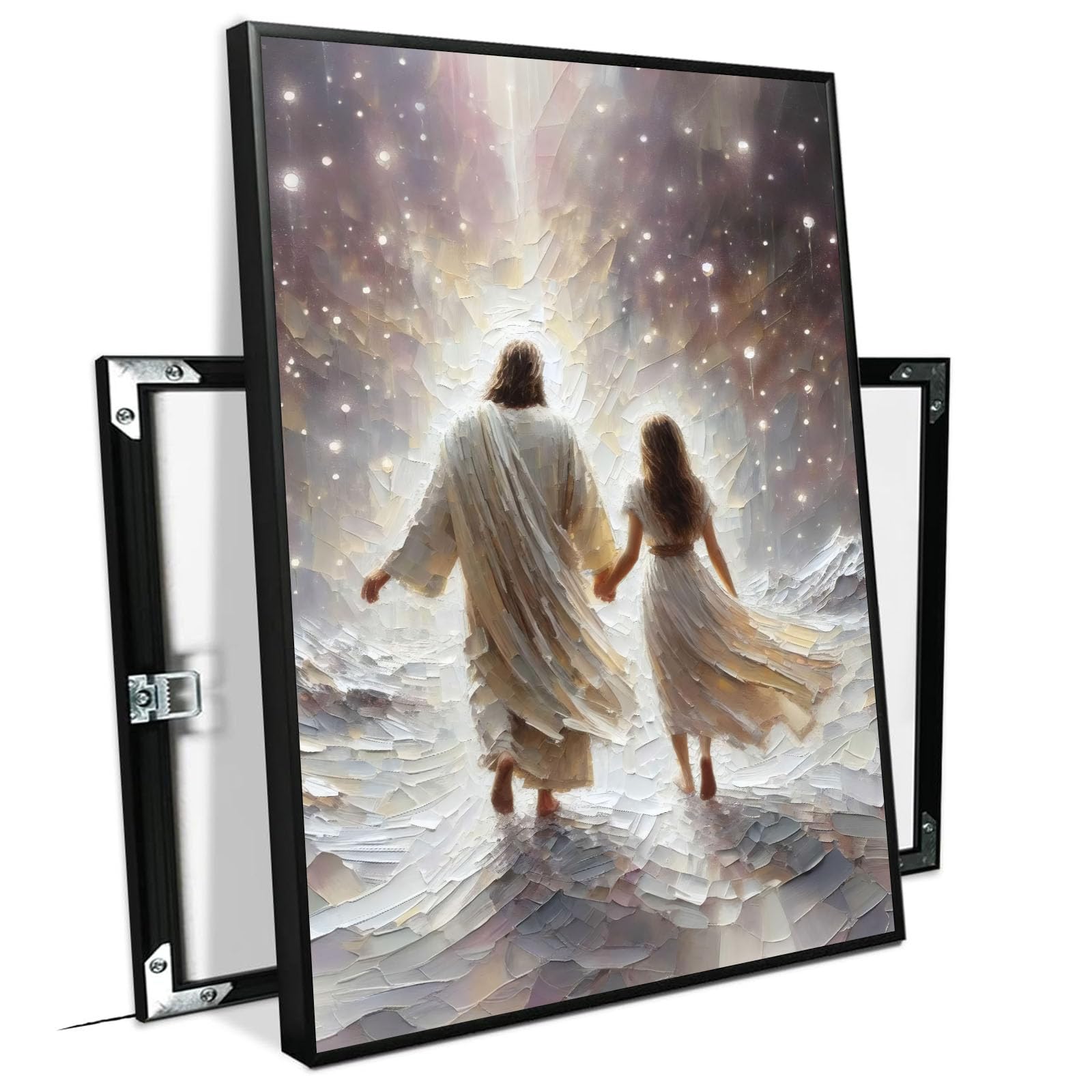 Jesus canvas painting spiritual artwork featuring a girl in a flowing white robe happily playing in a warm field of golden daisies. Adds a vibrant atmosphere to your home's sacred wall decor