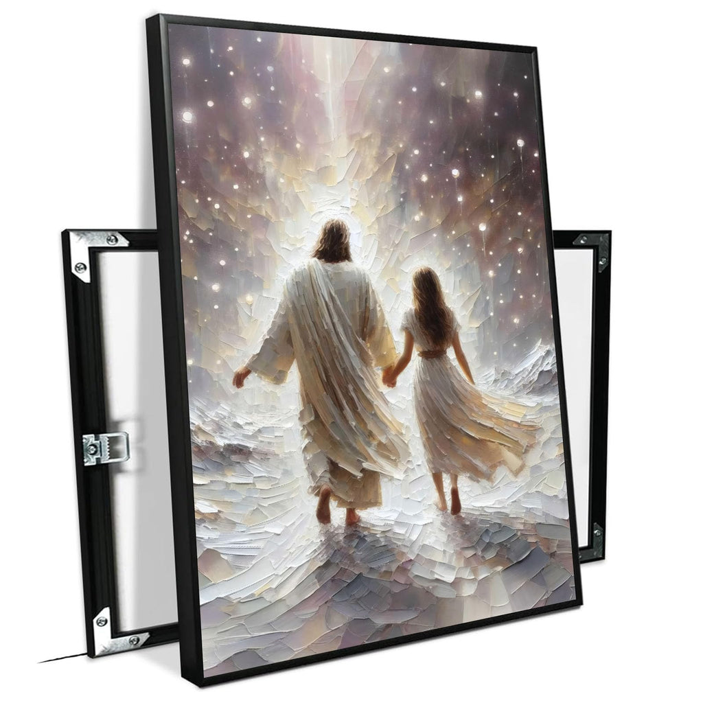 Jesus canvas painting spiritual artwork featuring a girl in a flowing white robe happily playing in a warm field of golden daisies. Adds a vibrant atmosphere to your home's sacred wall decor