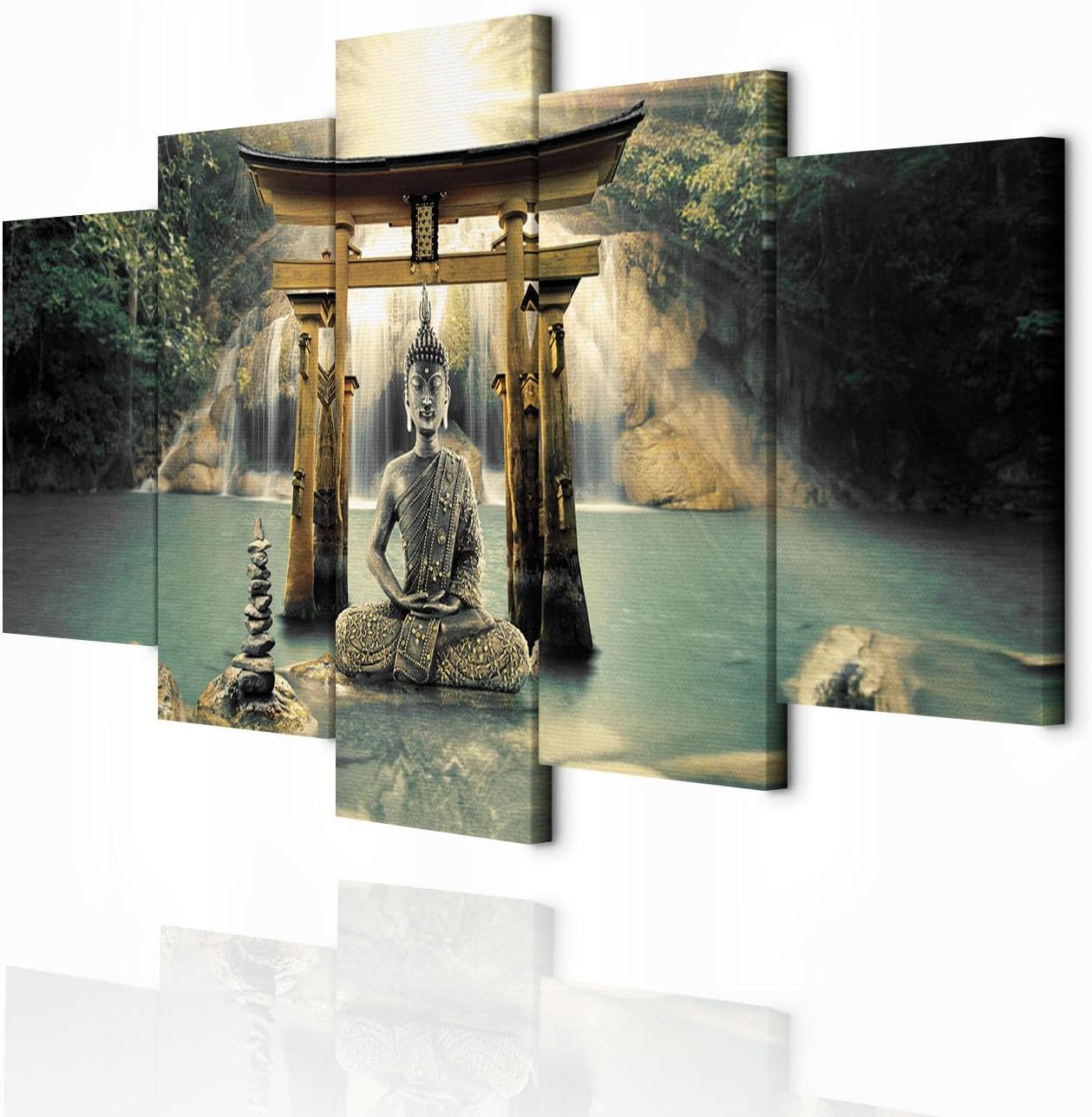 decomonkey Bilder Buddha 200x100 cm 5 Teilig Wandbild Groß Leinwandbild XXL Deko Wohnzimmer Schlafzimmer Wanddeko Pictures For Wall Poster Wall Painting Zen Orient