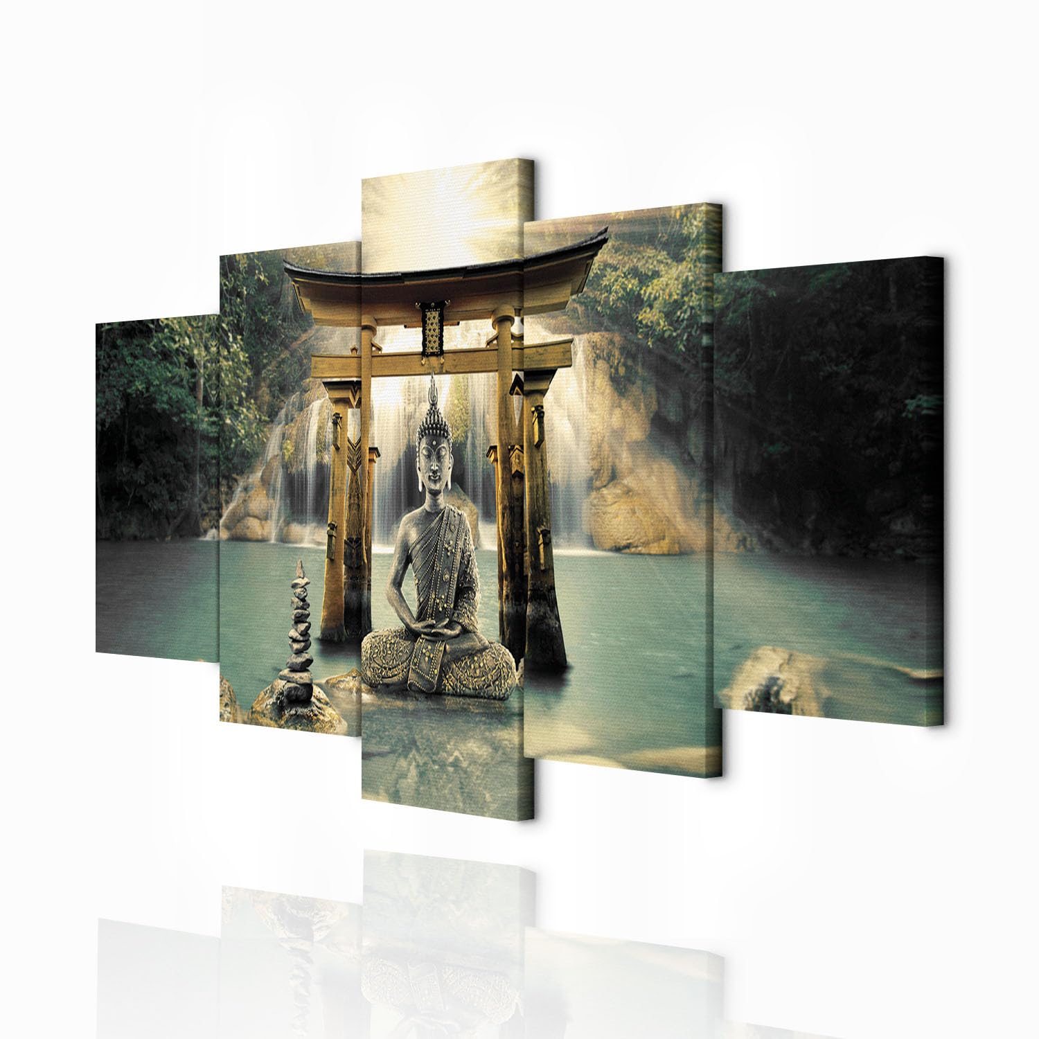decomonkey Bilder Buddha 200x100 cm 5 Teilig Wandbild Groß Leinwandbild XXL Deko Wohnzimmer Schlafzimmer Wanddeko Pictures For Wall Poster Wall Painting Zen Orient