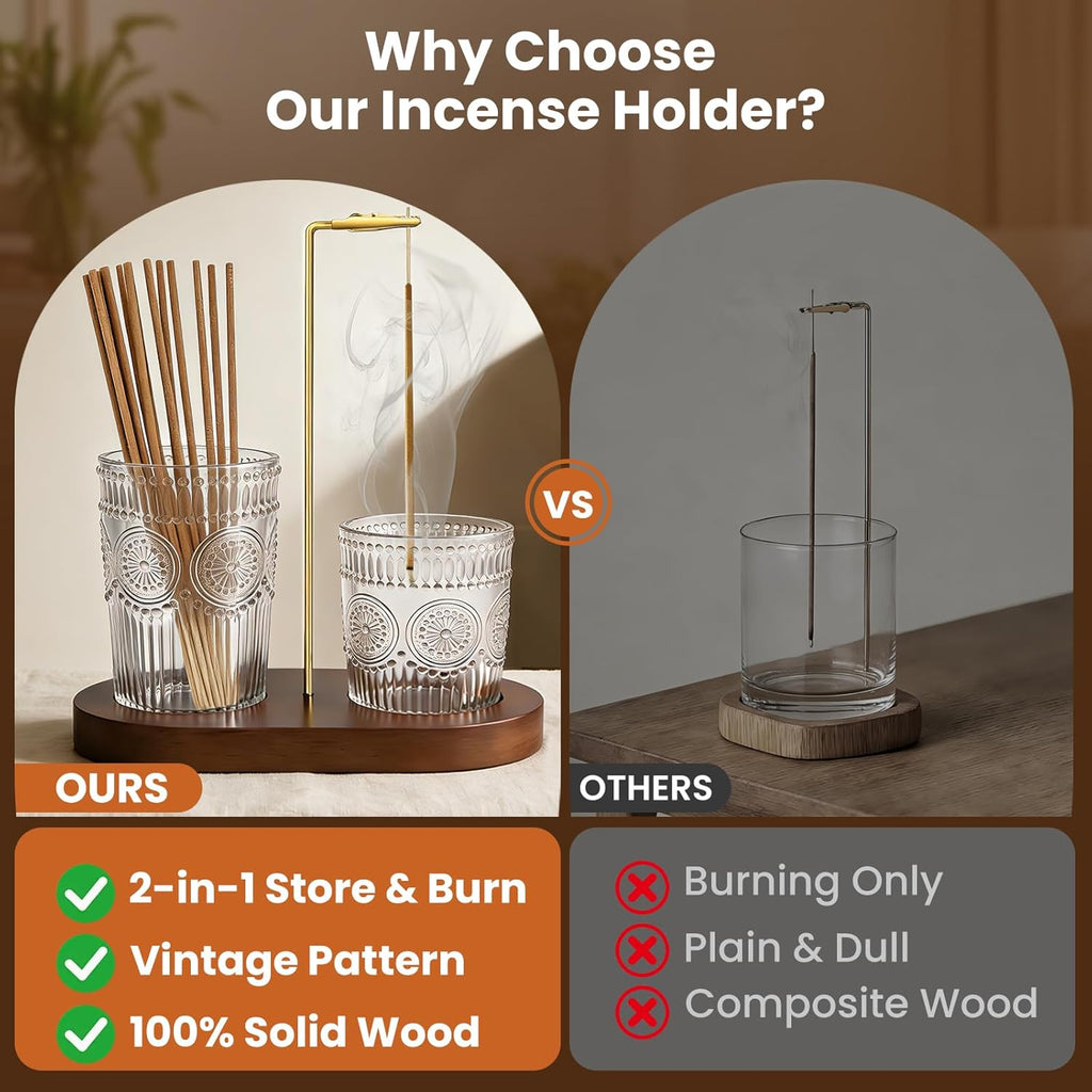 2 in 1 Incense Holder for Sticks, Vintage Glass Incense Burner | Upside Down insence-stick holder, Ash Catcher & Solid Wood Base, Anti-Ash Flying Catcher for Meditation, Yoga, Spa & Home