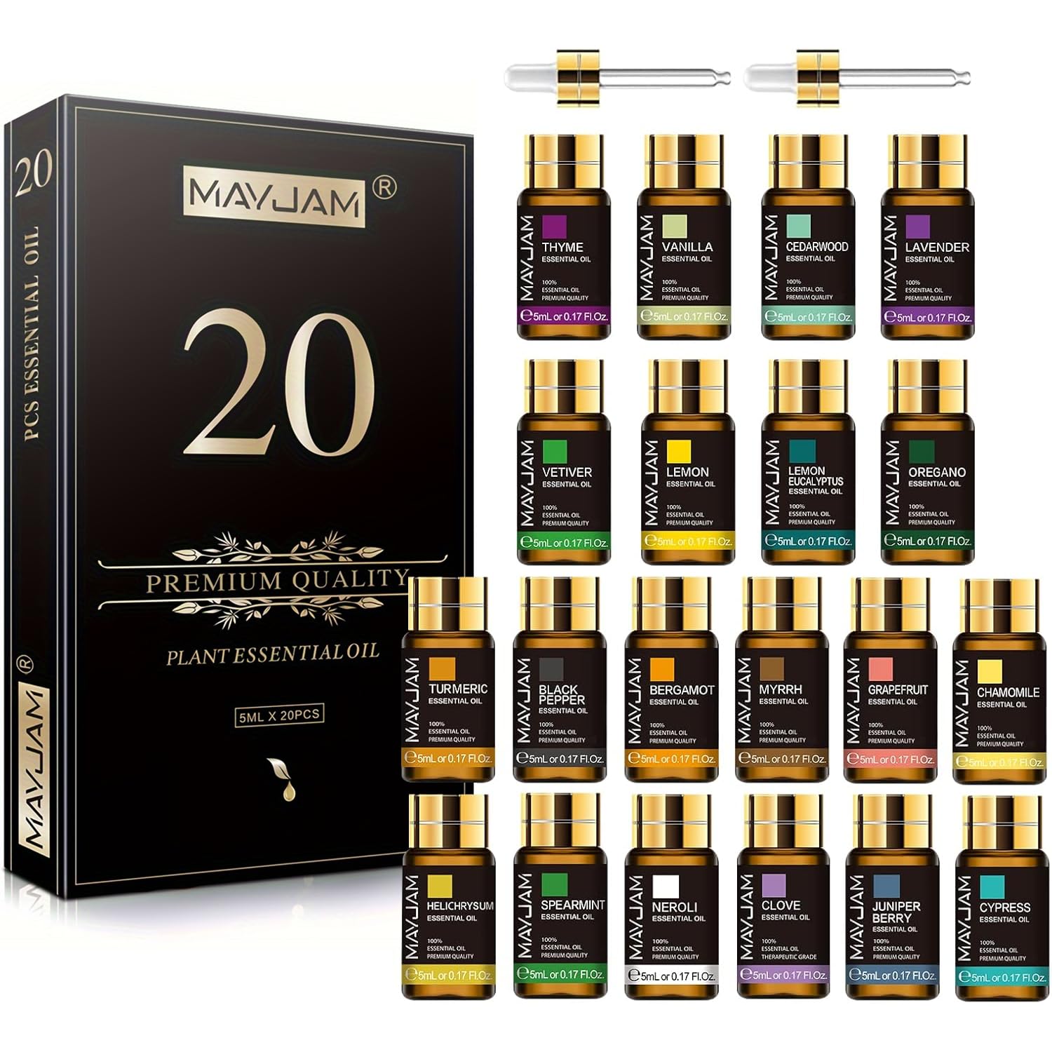 MAYJAM Ätherische Öle Set 20Pcs, Ätherisches Öl Geschenk Set für Diffusor, Luftbefeuchter - Lavendel Jasmin Eukalyptus Vanille Sandelholz Süßorange Rose Bergamotte und Mehr