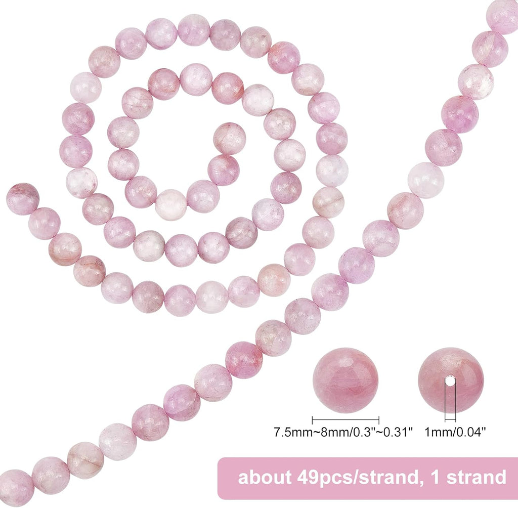 NBEADS Gemstone Beads Kunzite Beads Grade AB Round Natural Beads for Jewellery Making 1 Strand of 49 Pieces 8 mm
