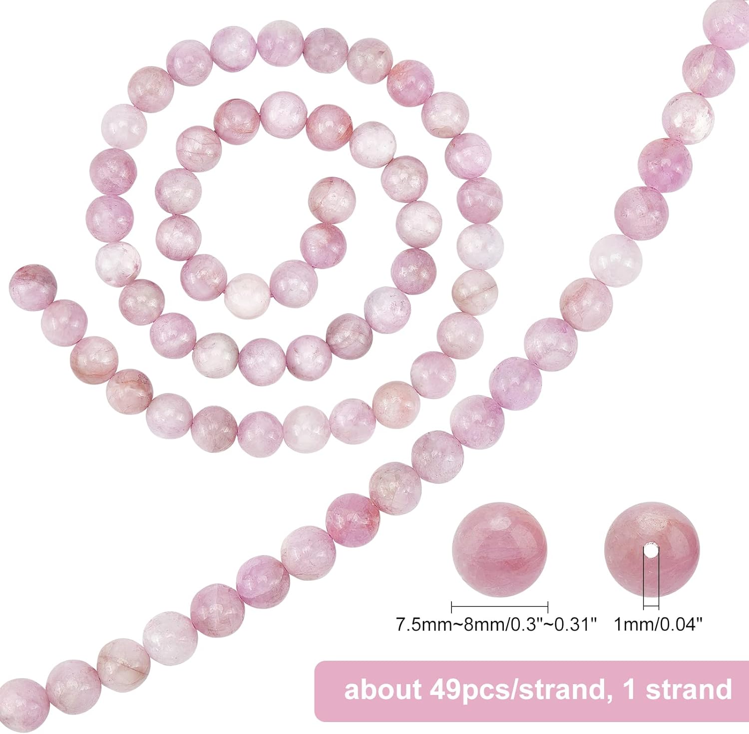 NBEADS Gemstone Beads Kunzite Beads Grade AB Round Natural Beads for Jewellery Making 1 Strand of 49 Pieces 8 mm