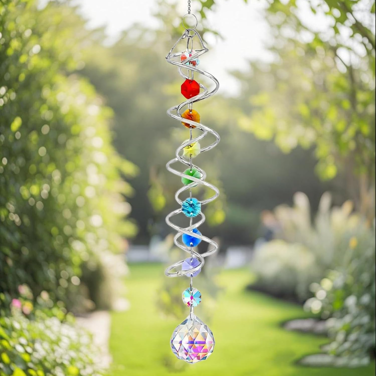 45cm Kristall Sonnenfänger Windspiel - Bunter Regenbogen Sonnenfänger mit Doppelspirale & Chakra Perlen - Dekorativer Hängender Suncatcher für Fenster,Garten,Balkon,Hochzeit - Innen & Außen Deko (A)