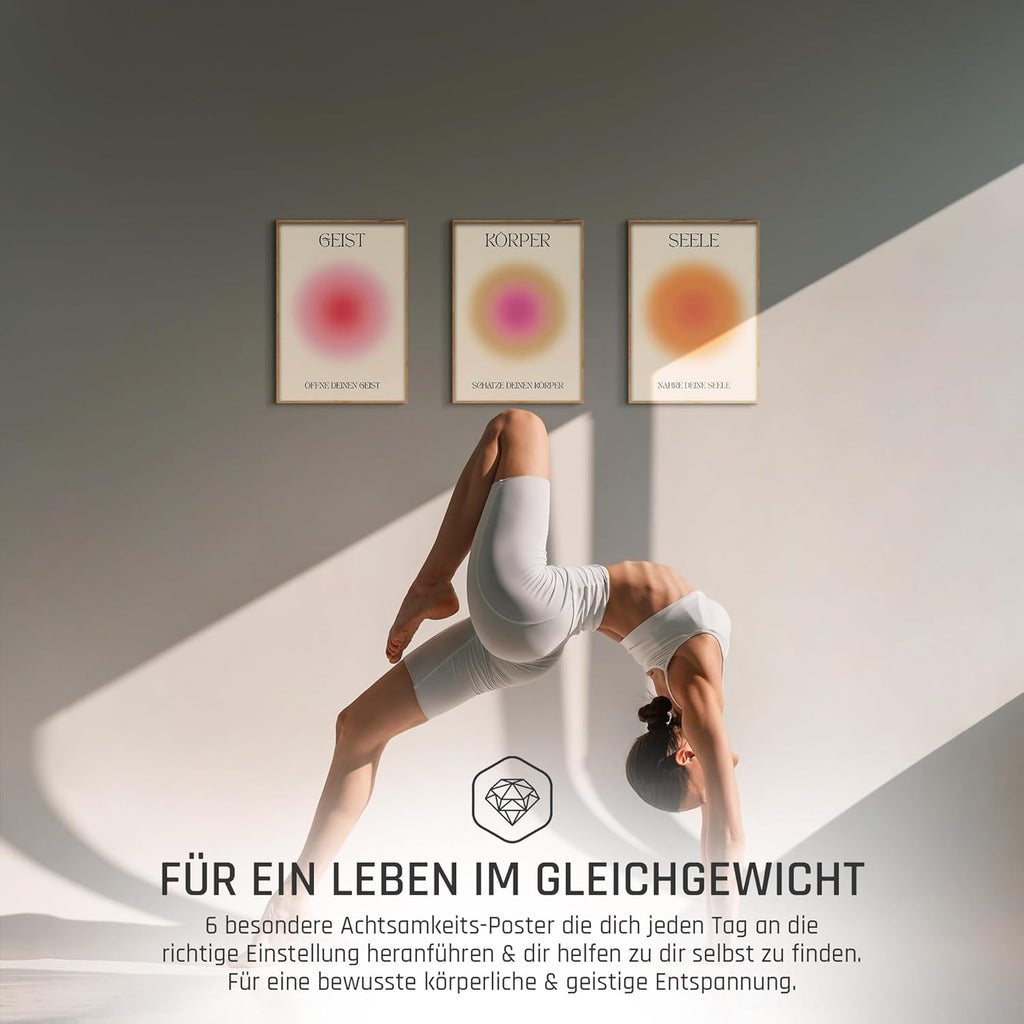 Geist Körper Seele Yoga Poster Set Achtsamkeit Aura Farben Wanddeko Inspirierende Bilder Mindfulness Schlafzimmer Deko Wohnzimmer Dekoration Homeoffice Achtsamkeitsposter (3x A4 | Ohne Rahmen)