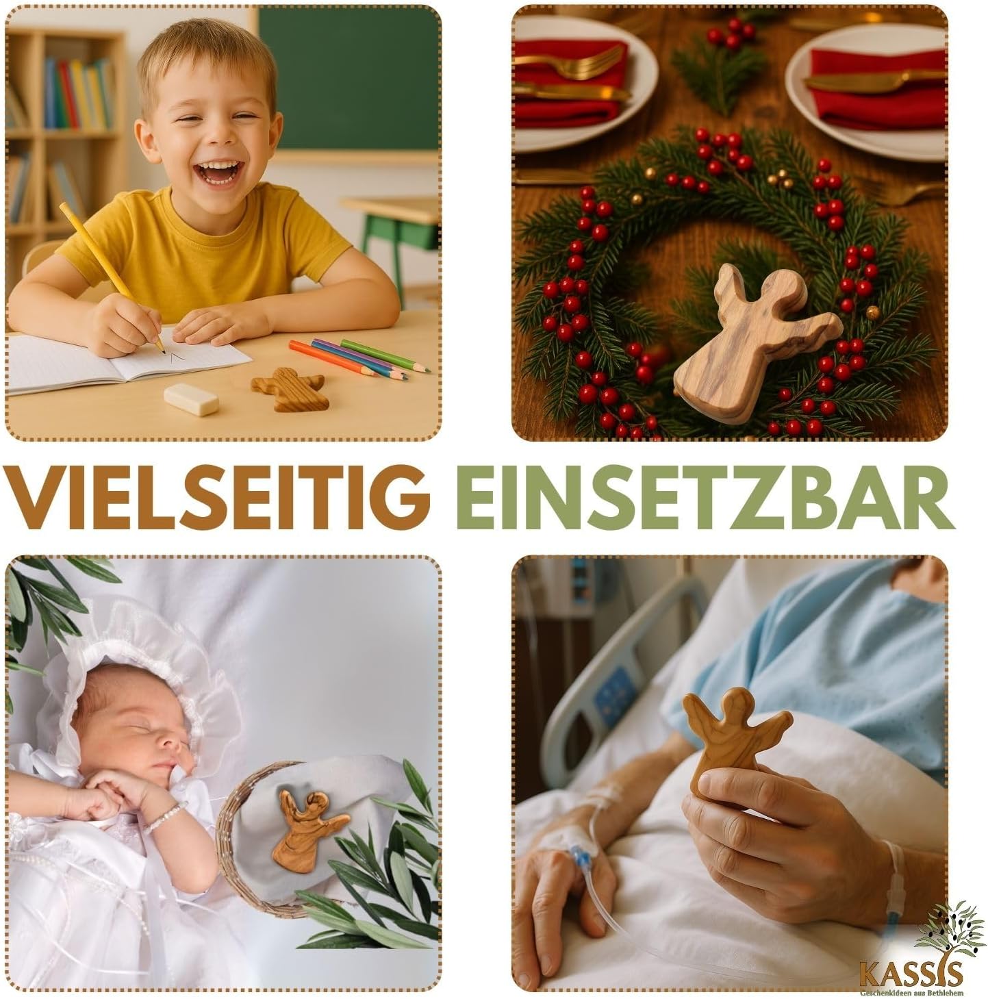 Kassis Geschenkartikel Olivenholz-Schutzengel - Handgefertigte Engel-Figur aus Bethlehem - Schutzengel-Glücksbringer - (ohne Gravur) - (1 Stück)
