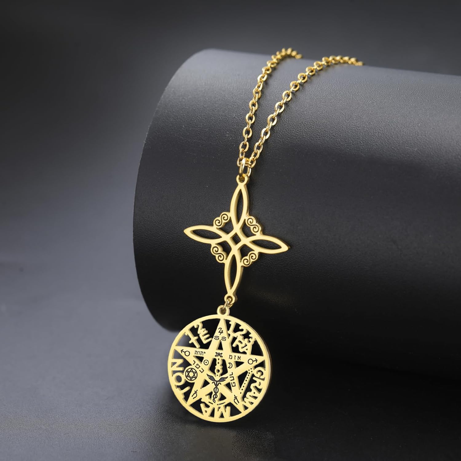 VASSAGO Witch Knot Tetragram Pentagram Necklaces Celtic Knot Pendant Double Protection Witchcraft Pagan Amulet Irish Jewellery for Women Men