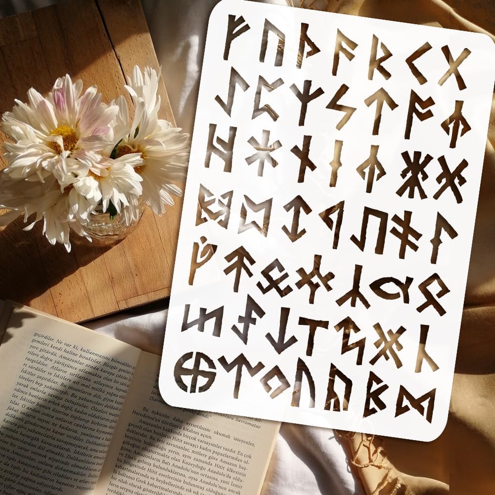 FINGERINSPIRE Wikinger Runen Malschablone 21x29.7 cm Wiederverwendbare Alte Alphabet Schablone Wikinger Thema Runen Muster Bastelschablone Zum Malen Auf Wand Holzmöbel Heimdekoration Heimdekoration